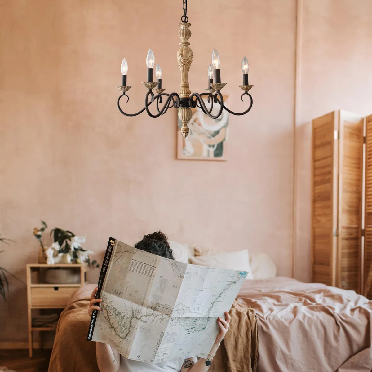 Französische Landhaus Kronleuchter-Farmhouse Kronleuchter 6 Leuchten für Esszimmer Rostimitation Holzverkleidung für Wohnzimmer, Schlafzimmer, Küche, Treppe, Badezimmer (Durchmesser 59,2 cm)