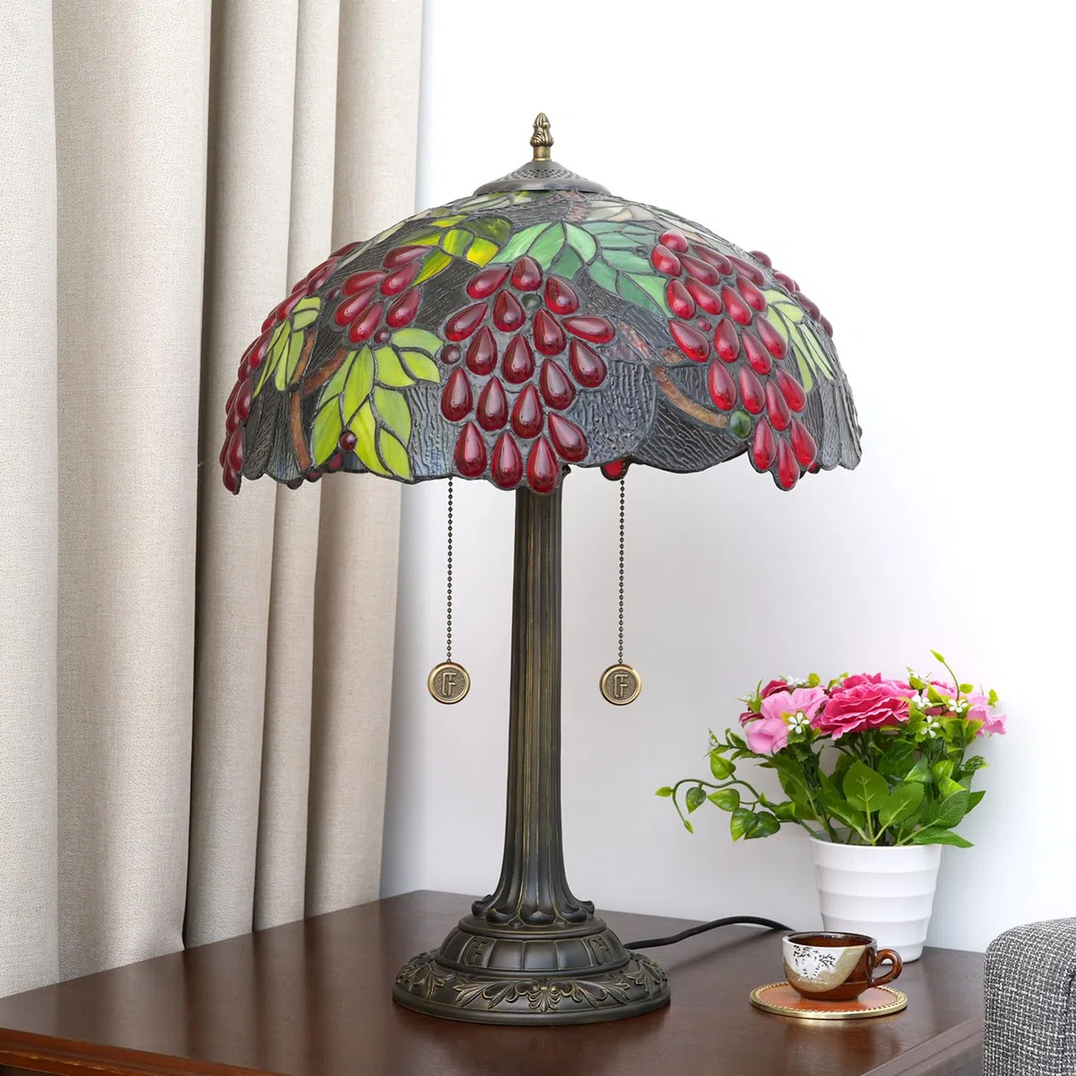 Handgemachte Traubenlampe Tischlampe 16 Zoll Buntglas Blatt Schreibtischlampe für Home Office Wohnzimmer Nachttisch Schlafzimmer Wohnheim Perfektes Dekor,G1