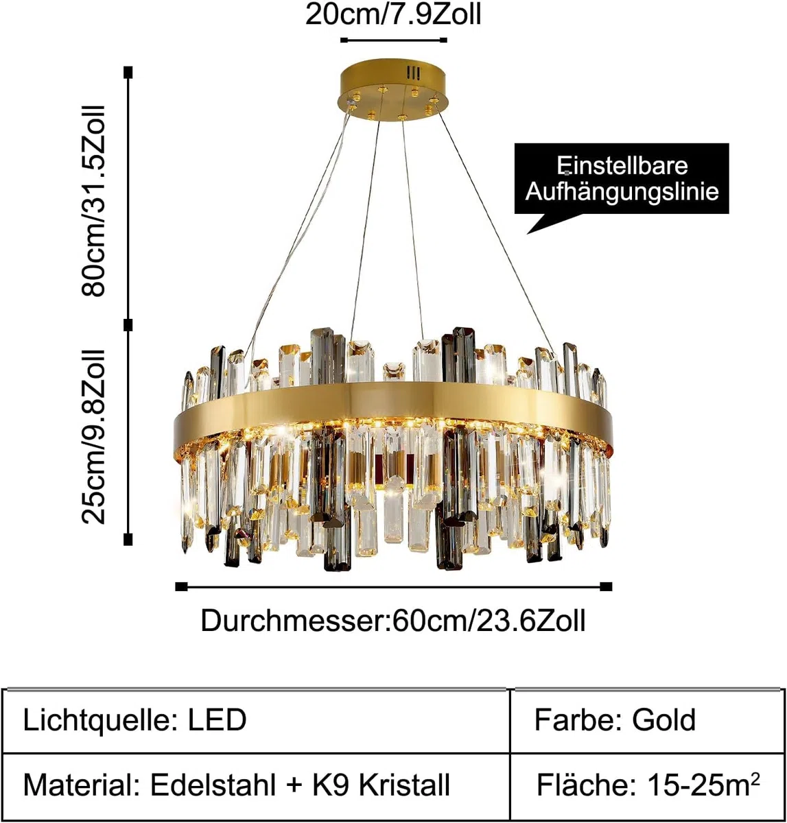 AHXIAOZN Modern Kronleuchter Kristall Leuchte, Dimmbar Rund Hängeleuchte Kristall Lampe,LED Pendelleuchte Gold Lichtfarbe Einstellbar