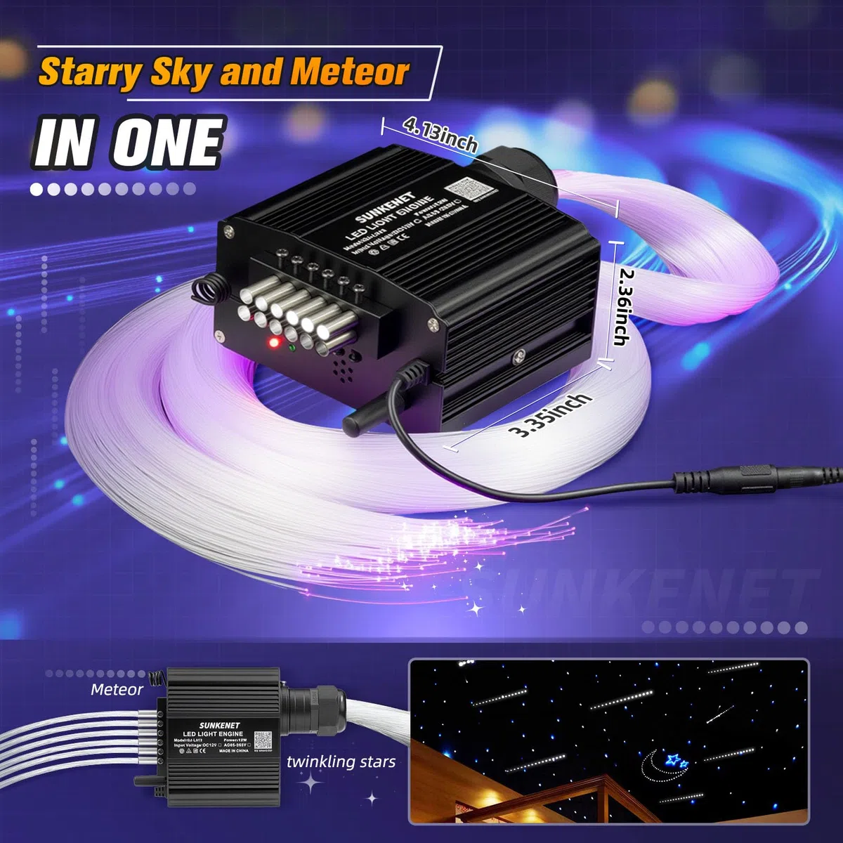12W Twinkle&Meteor 2-in-1 Sternenhimmel Auto, 450pcs of(0.75+1.0+1.5mm)*3m+Shooting Star Light Kit für Auto/Decke, Sternenhimmel Glasfaser RGBW mit Bluetooth-App/Fernbedienung/Musikeffekt