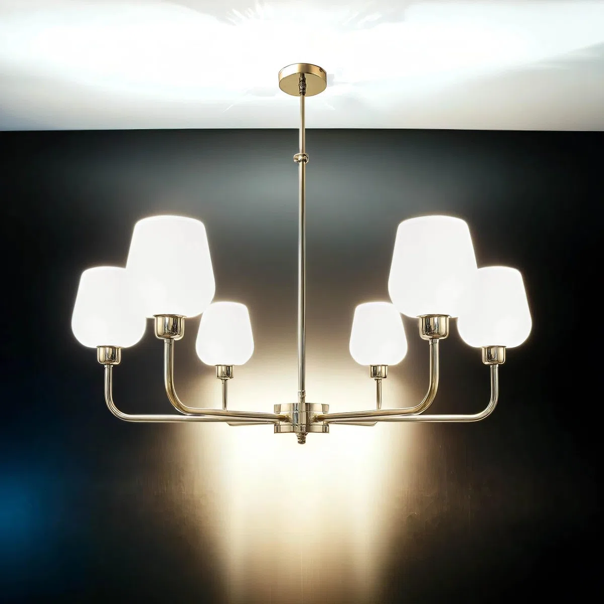 Kronleuchter mit Schirm Ø 81 cm H: max. 113 cm verstellbar 6-flammig E27 in Messing poliert Weiß Glas massiv Vintage Deckenleuchte Wohnzimmer Esstisch
