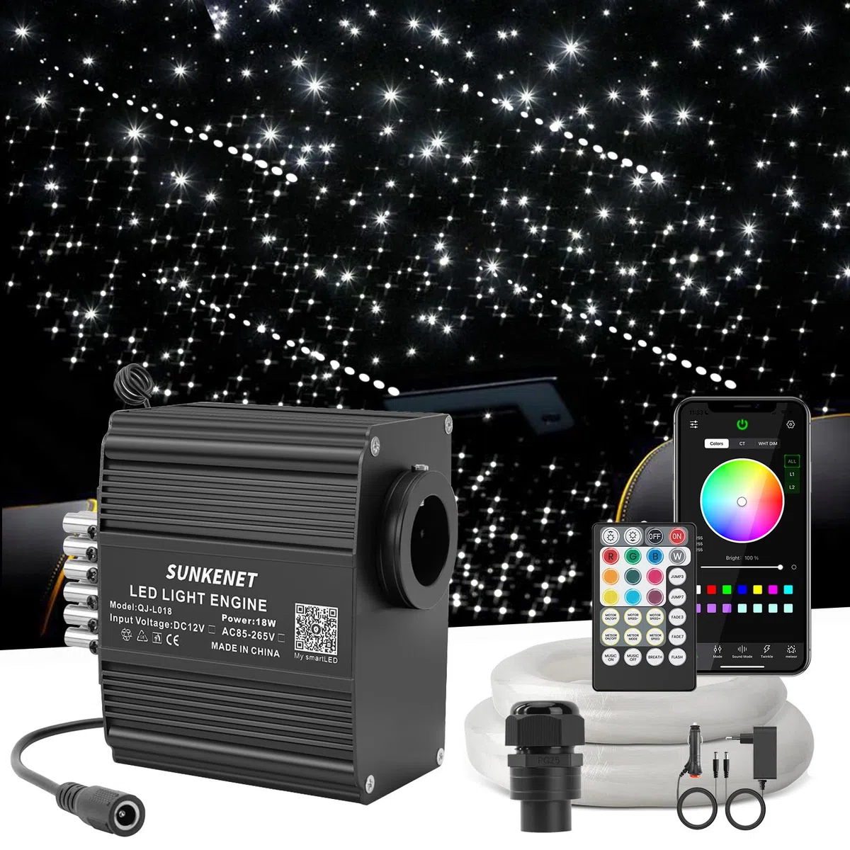 12W Twinkle&Meteor 2-in-1 Sternenhimmel Auto, 450pcs of(0.75+1.0+1.5mm)*3m+Shooting Star Light Kit für Auto/Decke, Sternenhimmel Glasfaser RGBW mit Bluetooth-App/Fernbedienung/Musikeffekt