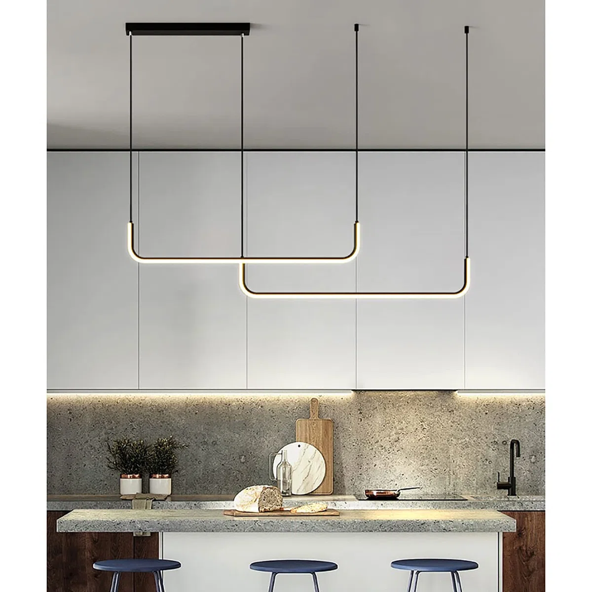 Zeitgenössische Dimmbare Hängelampe für Esstisch, Moderne LED Linear-Kronleuchter für Kücheninsel, Acryl Decke Pendelleuchte Wohnzimmer Büro-Schwarz 2 Licht 150cm/59inch