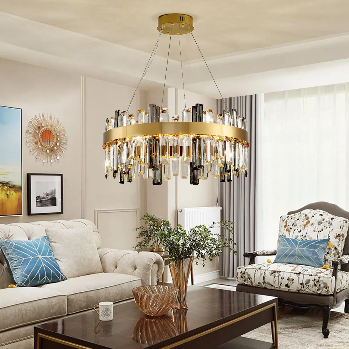 AHXIAOZN Modern Kronleuchter Kristall Leuchte, Dimmbar Rund Hängeleuchte Kristall Lampe,LED Pendelleuchte Gold Lichtfarbe Einstellbar