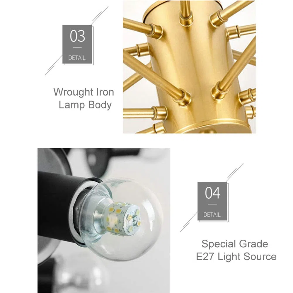 Magic Bean Kronleuchter, Postmodern Nordic Pendelleuchte Sputnik Molekular Glaskugel Hängelampe Für Wohnzimmer Schlafzimmer Restaurant,Gold1+WarmLight-6Heads