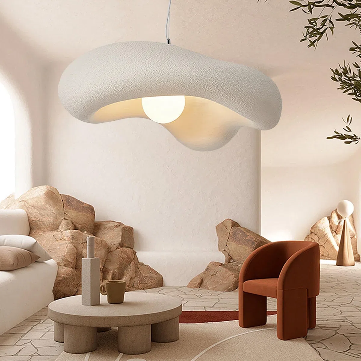 Hängelampe Wabi Sabi Stil Polystyrol Pendelleuchte Retro Japanischer Esszimmer Lampen For Küchenlampe Schlafzimmer E27 Nordic Hängelampe Esstisch Nachttisch Hängeleuchte(Beige,60CM)
