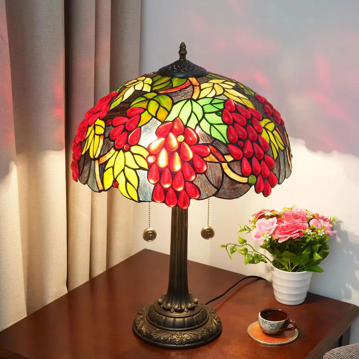 Handgemachte Traubenlampe Tischlampe 16 Zoll Buntglas Blatt Schreibtischlampe für Home Office Wohnzimmer Nachttisch Schlafzimmer Wohnheim Perfektes Dekor,G1