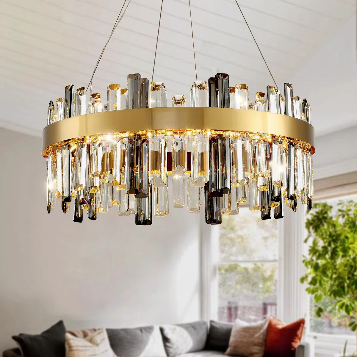 AHXIAOZN Modern Kronleuchter Kristall Leuchte, Dimmbar Rund Hängeleuchte Kristall Lampe,LED Pendelleuchte Gold Lichtfarbe Einstellbar