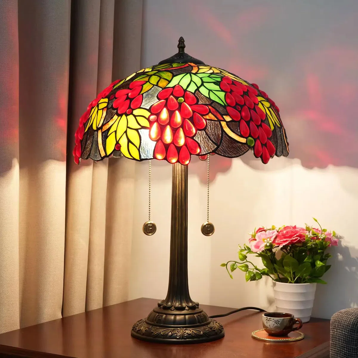 Handgemachte Traubenlampe Tischlampe 16 Zoll Buntglas Blatt Schreibtischlampe für Home Office Wohnzimmer Nachttisch Schlafzimmer Wohnheim Perfektes Dekor,G1