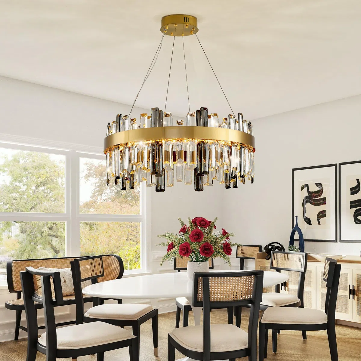 AHXIAOZN Modern Kronleuchter Kristall Leuchte, Dimmbar Rund Hängeleuchte Kristall Lampe,LED Pendelleuchte Gold Lichtfarbe Einstellbar