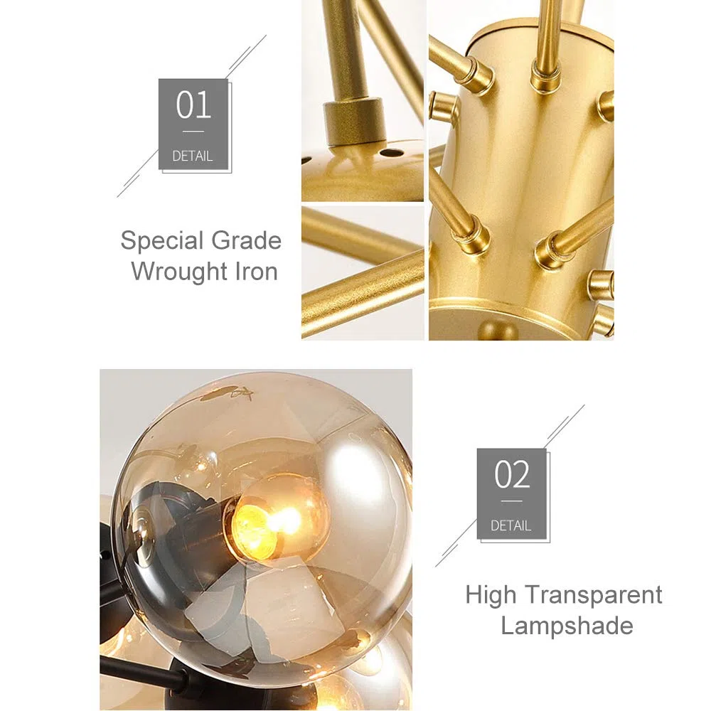 Magic Bean Kronleuchter, Postmodern Nordic Pendelleuchte Sputnik Molekular Glaskugel Hängelampe Für Wohnzimmer Schlafzimmer Restaurant,Gold1+WarmLight-6Heads