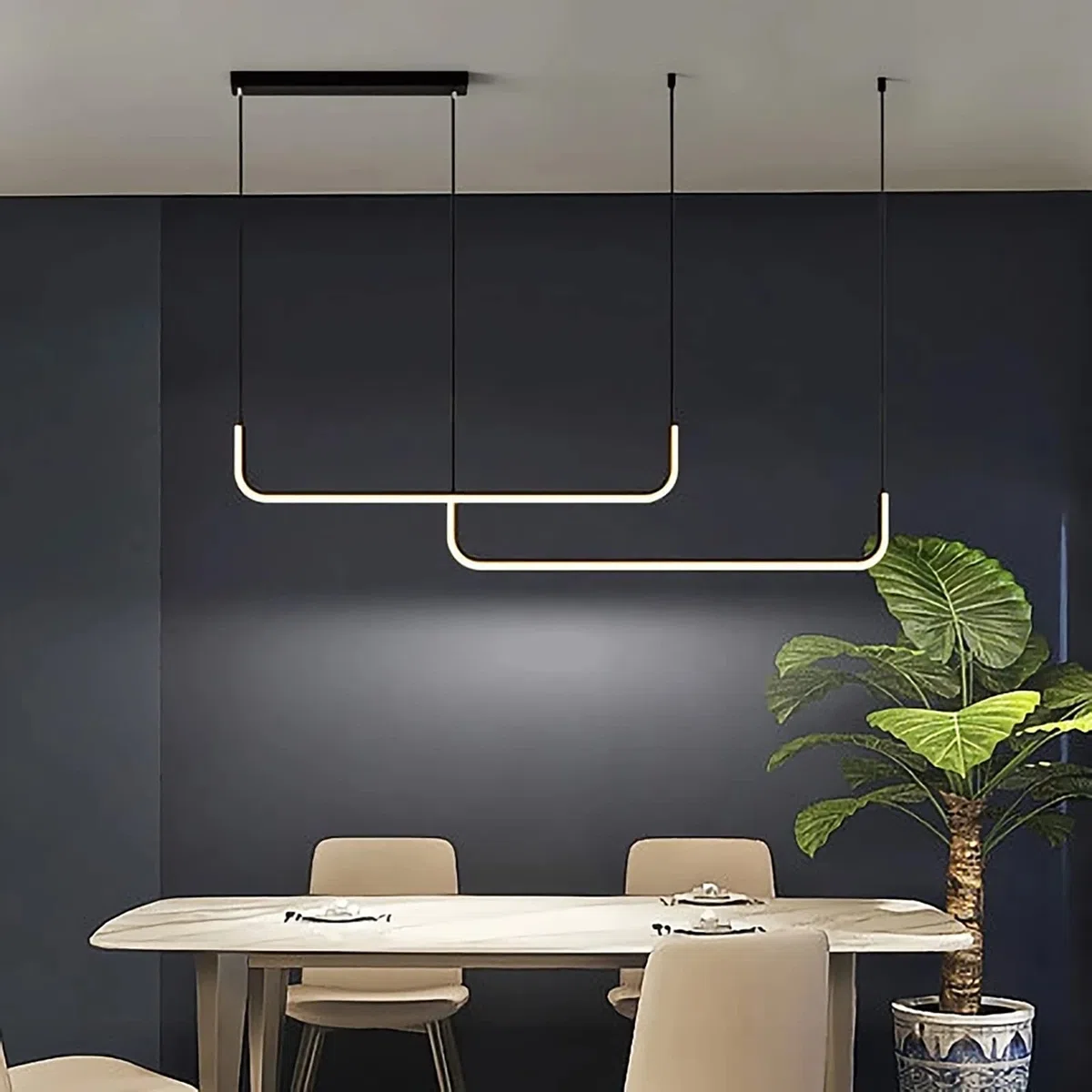 Zeitgenössische Dimmbare Hängelampe für Esstisch, Moderne LED Linear-Kronleuchter für Kücheninsel, Acryl Decke Pendelleuchte Wohnzimmer Büro-Schwarz 2 Licht 150cm/59inch