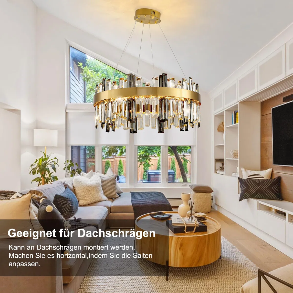 AHXIAOZN Modern Kronleuchter Kristall Leuchte, Dimmbar Rund Hängeleuchte Kristall Lampe,LED Pendelleuchte Gold Lichtfarbe Einstellbar